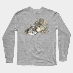 Watercolor Wolf Parent & Cub Animal Art Long Sleeve T-Shirt